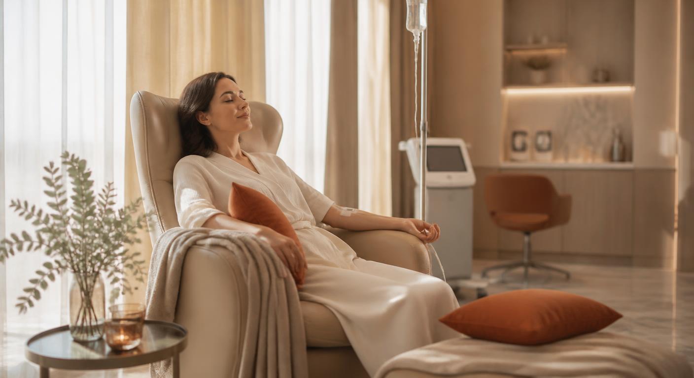 Sala de soroterapia com ambiente acolhedor e sofisticado